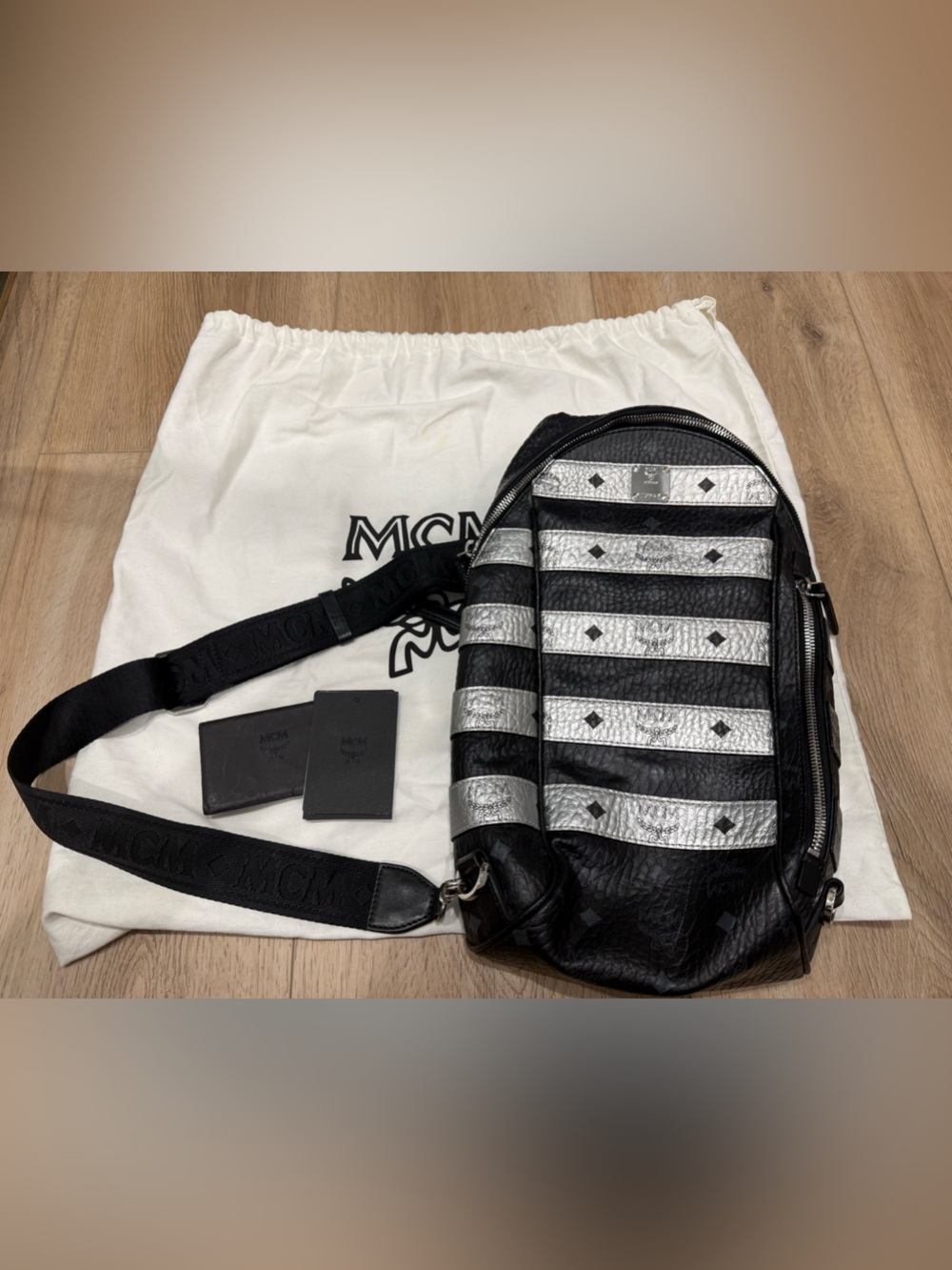 MCM Black and Silver Striped Crossbody Sling Bag